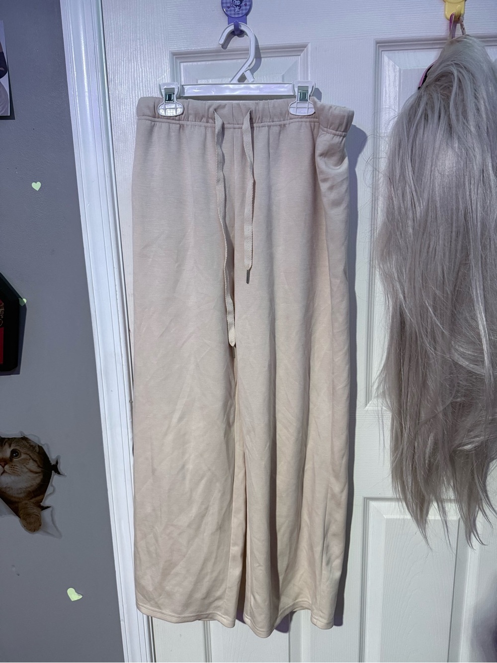 Beige Wide-Leg Drawstring Sweatpants